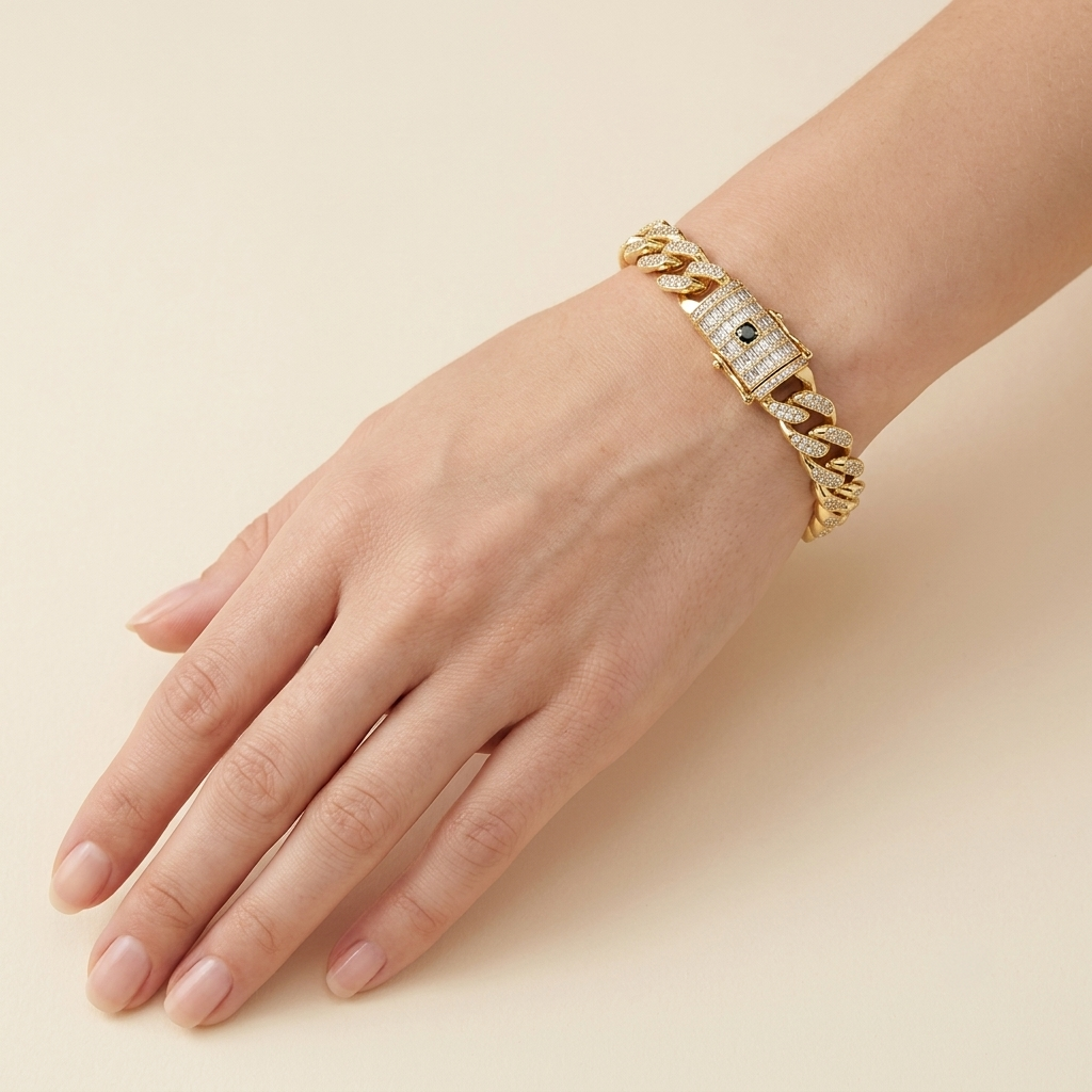 Edelstahl Cuban-Link Kette mit Zirkonia, Gold